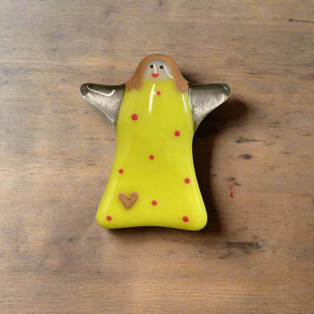 Handmade Fused Glass Worry Angel with Poem - Yellow with dots and heart - Cornish Gifts by Sandy Shores