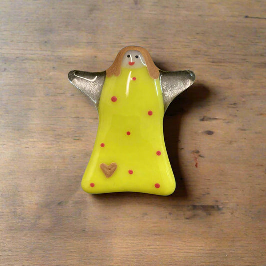 Handmade Fused Glass Worry Angel with Poem - Yellow with dots and heart - Cornish Gifts by Sandy Shores
