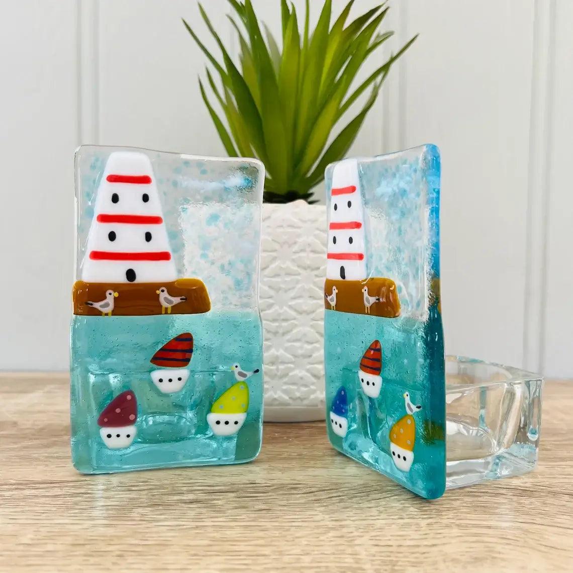 Lighthouse and Sailing Boats Handmade Fused Glass Tealight Candle Holder - Cornish Gifts by Sandy Shores