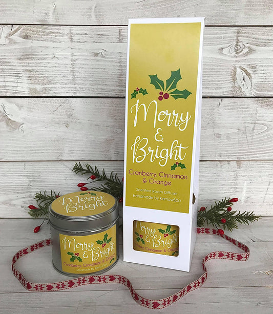 Merry & Bright Hand Poured Soy Wax Candle & Reed Diffuser Duo - Handmade in Cornwall - Cornish Gifts by Sandy Shores