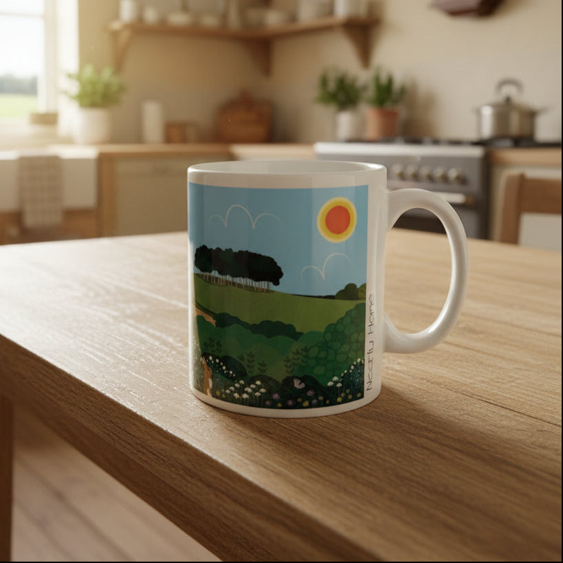 Mug with a scenic design on a wooden surface