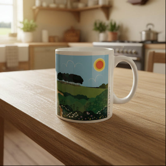 Mug with a scenic design on a wooden surface