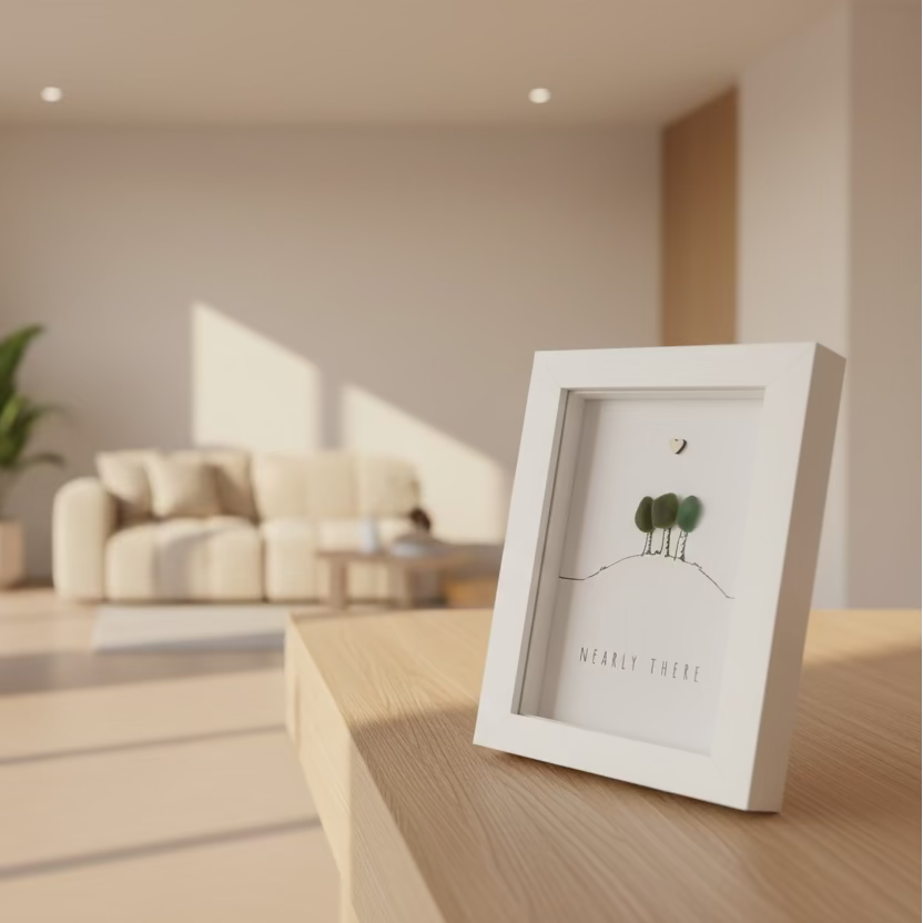 Framed artwork with trees and a heart on a wooden surface