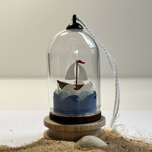 Sailing Boat Paper Sculpture in a Glass Dome - Handmade in Cornwall - Cornish Gifts by Sandy Shores