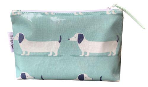Sausage Dog Blue Oil Cloth Handmade Wash Bag - Cornish Gifts by Sandy Shores