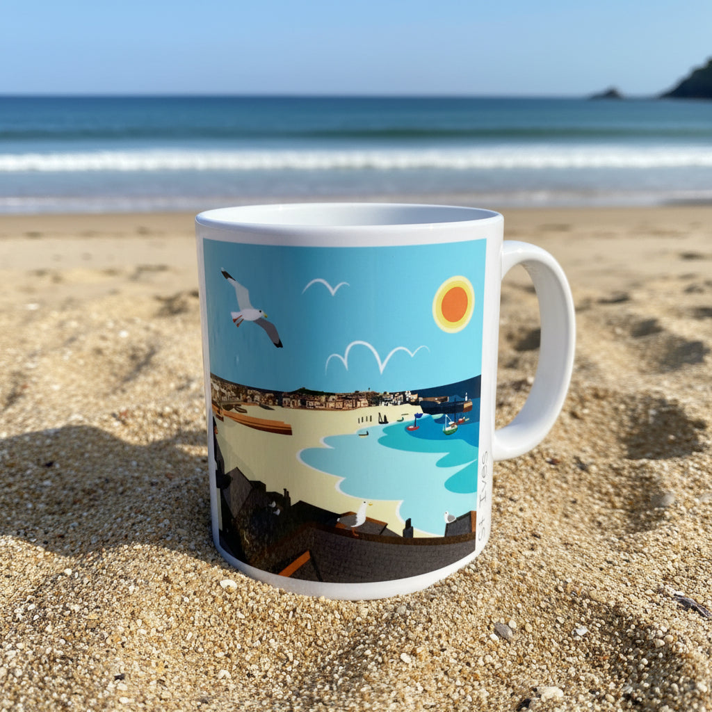 A white ceramic coffee mug featuring a colorful coastal illustration with a seagull, sun, beach, and water.