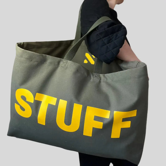 STUFF Olive Green with Yellow Writing Cotton Canvas Jumbo Bag - Cornish Gifts by Sandy Shores