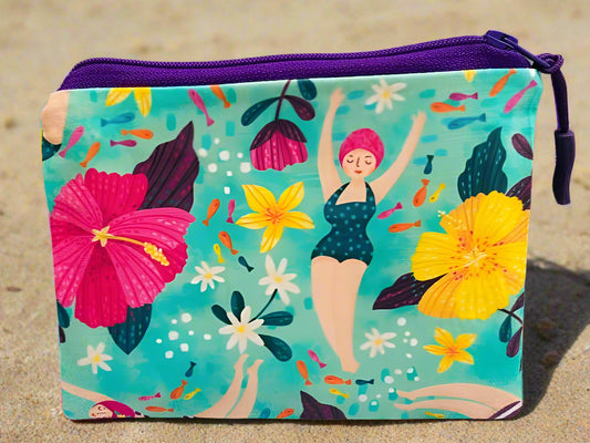 Swimmer Pattern Cotton Coin Purse - Handmade in Cornwall - Cornish Gifts by Sandy Shores