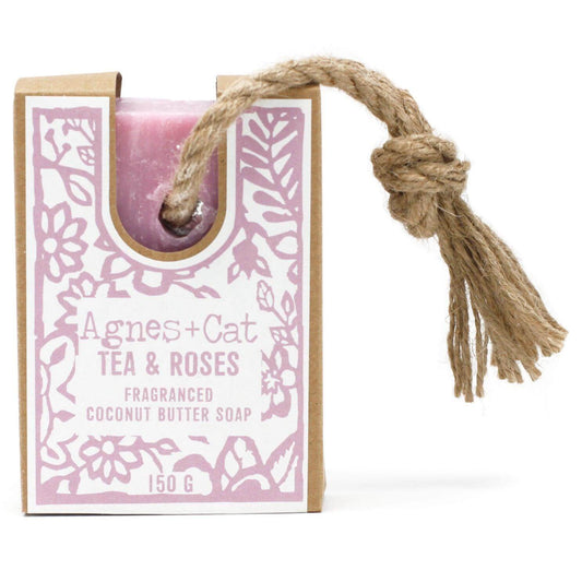 Tea & Roses Coconut Butter Soap On A Rope - Cornish Gifts by Sandy Shores