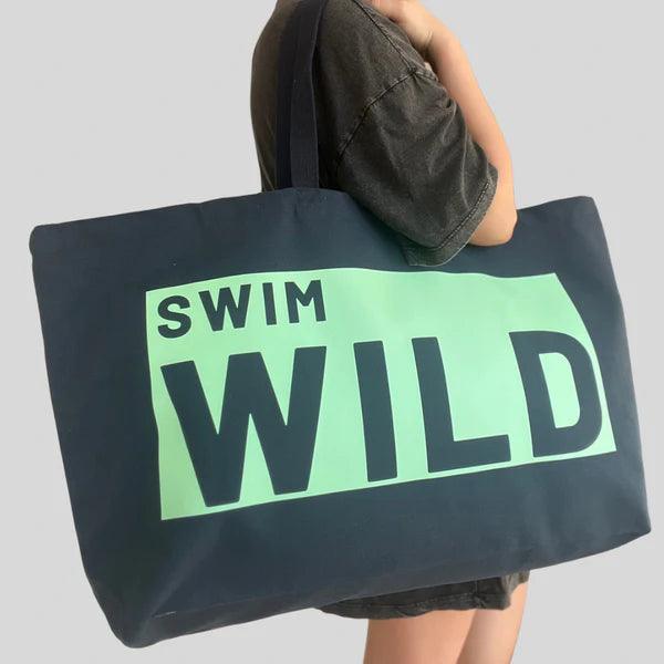 Wild Swim Navy Blue & Mint Cotton Canvas Jumbo Bag - Cornish Gifts by Sandy Shores