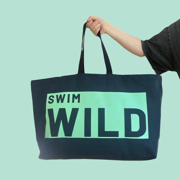 Wild Swim Navy Blue & Mint Cotton Canvas Jumbo Bag - Cornish Gifts by Sandy Shores