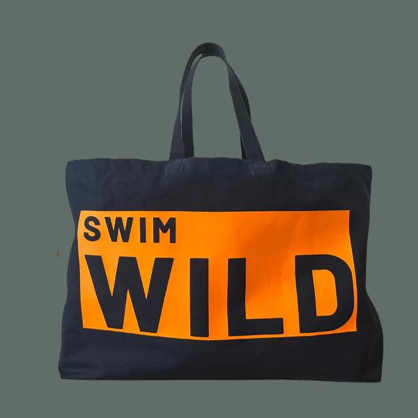 Wild Swim Navy Blue & Neon Orange Cotton Canvas Jumbo Bag - Cornish Gifts by Sandy Shores