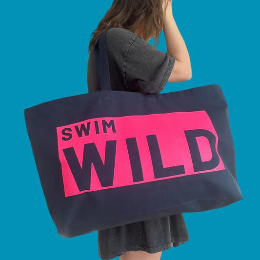 Wild Swim Navy Blue & Neon Pink Cotton Canvas Jumbo Bag - Cornish Gifts by Sandy Shores