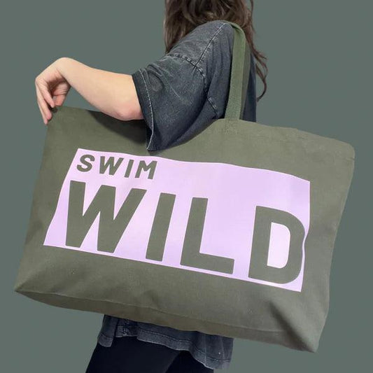 Wild Swim Olive Green & Pink Cotton Canvas Jumbo Bag - Cornish Gifts by Sandy Shores